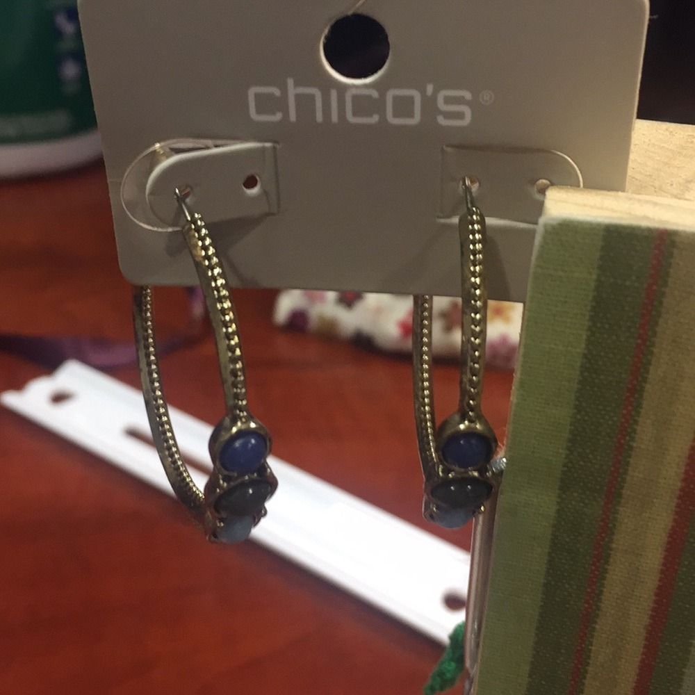 Chico's Gold Tone Hoop‎ Earrings with Blue and Gray Stone Accents